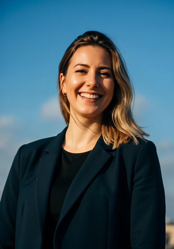 Smiling woman in navy blazer.