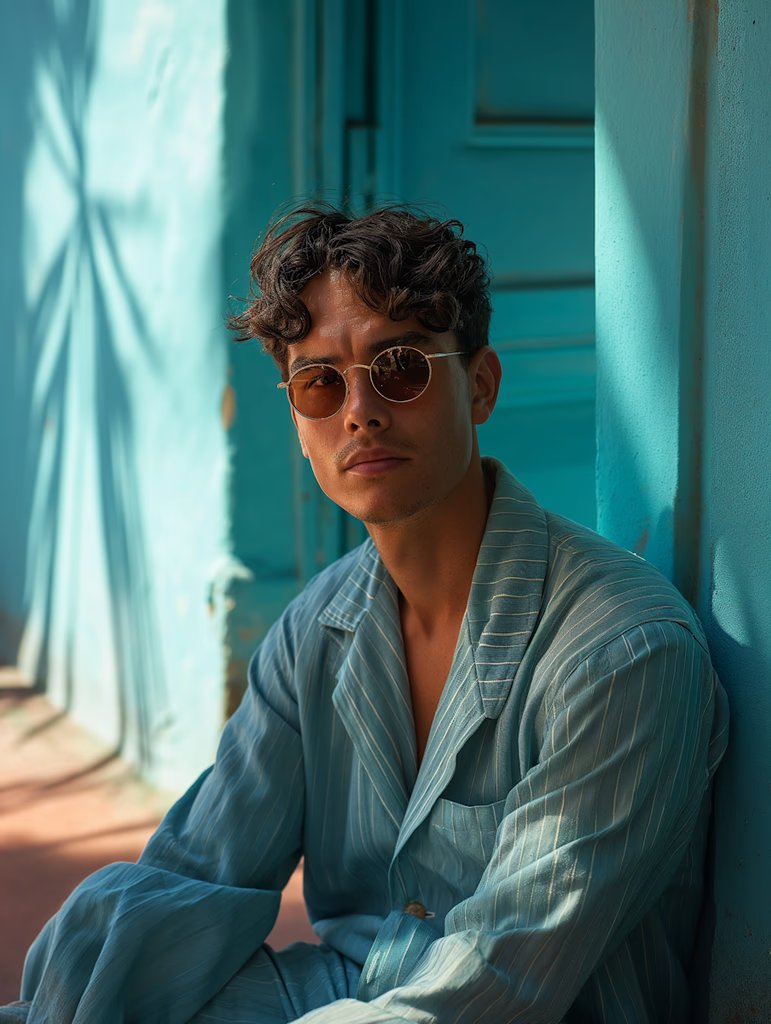 Man sitting against blue wall.