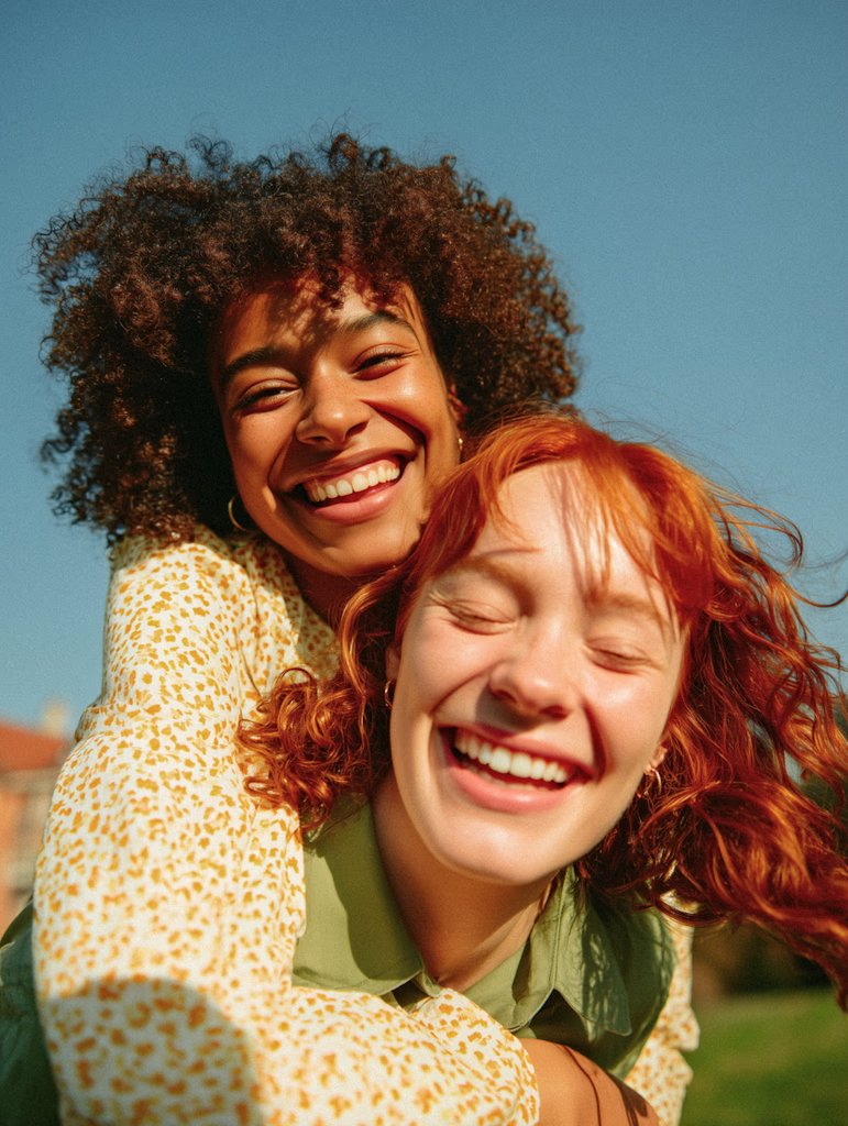 Two women laughing outside together.