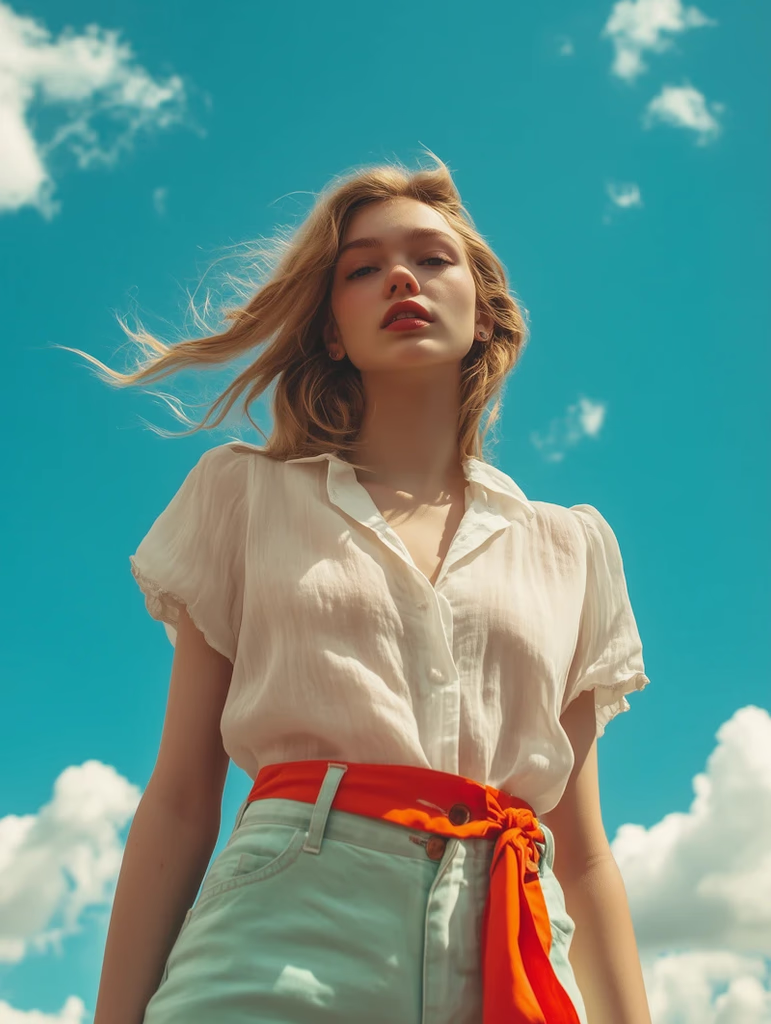 Woman in white breezy shirt.