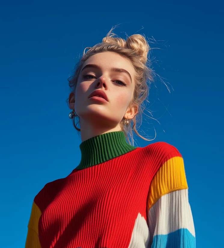 Woman in colorful striped sweater.